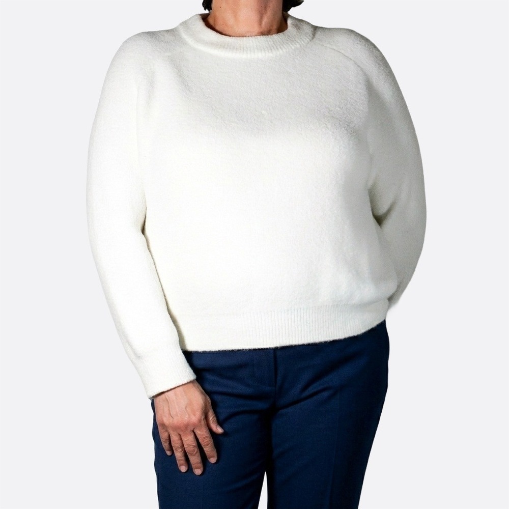 Zara Fuzzy Plush Knit Sweater Ivory L XL 0X 1X Minimalist Crewneck Pullover